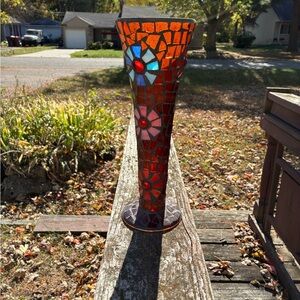 Mosaic Glass Trumpet Shaped Vase Red Floral Accents